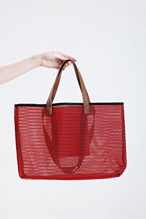 Kadın Kırmızı Petek Desenli Şeffaf Büyük Boy Plaj Ve Alışveriş Shopper Tote Omuz Çantası