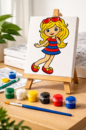 Çocuklar İçin Tuval Boyama Seti (Tuval, Fırça ve 6 Renk Akrilik Boya Seti) 20x20 Cm