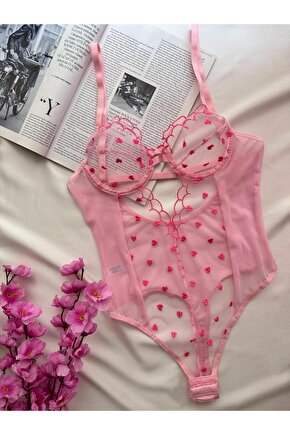 Kalp işlemeli Tül Bodysuit