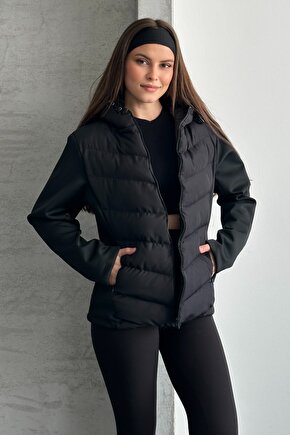 Kadın Siyah Kapüşonlu Termal Şişme Mont - ZR Range Rover Mom Kontrast Ceket