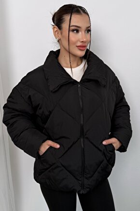 Kadın Siyah Oversize Şişme Mont - Yüksek Yaka, Baklava Desenli