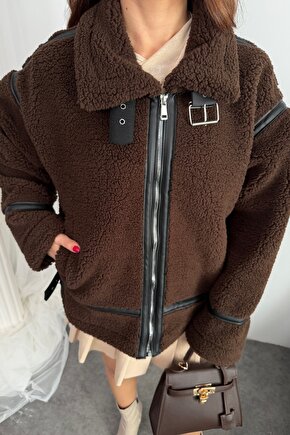 Kadın Deri Detaylı Oversize Peluş Mont - Premium Tasarım Biker Teddy Kaban Ceket