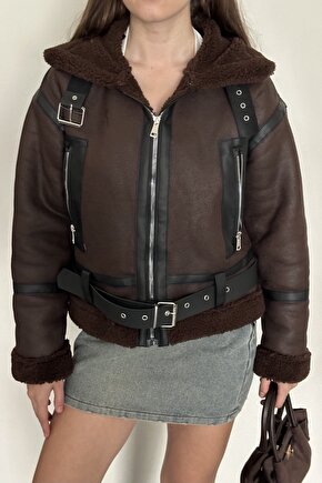 Kadın İçi Kürk Detaylı Kemerli Deri Mont - Kışlık Biker Peluş Astarlı Deri Ceket