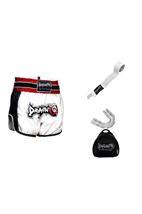 Dragon Retro Şort Muaythai Kick Boks  3,5 mt Bandaj ve Şeffaf Dişlik Kickboks Muay Thai 3lü Set