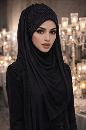 Siyah Antrasit Flok Baskılı Hazır Abiye Şal