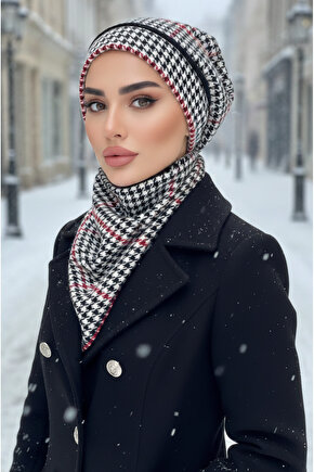 Siyah Kırmızı Kazayağı Tesettür Bere ve Etol Takım