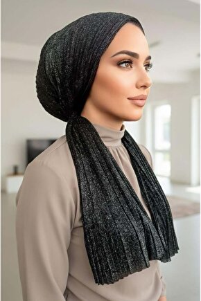 Siyah Gümüş Işıltılı Eşarp Bone