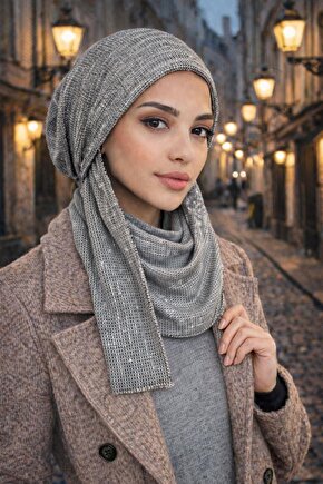 Gri Desen Kelebek Bone Şal