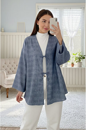 Mavi Ekose Önü Bağlamalı Kimono Tunik  85 CM BOY