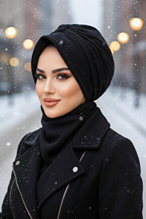 Siyah Kaşe Şapkalı Bone Ve Etol Takım