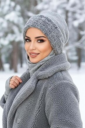 Gri Kürk Aksesuarlı Maskeli Tesettür Bere