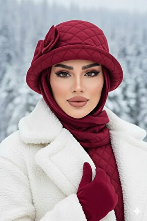 Bordo Aksesuarlı Vintage Atkılı Şapka