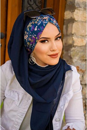 Lacivert Çiçek Desen Hazır Şal