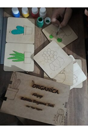 Kaligrafi Fon Hediyeli Ahşap Üzerine Kaktüs Figürlü Beceri Geliştiren Ahşap Boyama Sandığı Seti