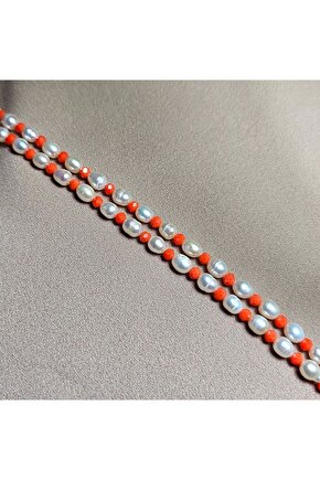 İnci Doğal Taş Halhal - Turuncu (BÜYÜK) - 1 Adet ( El Yapımı Tasarım Ürünler )