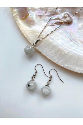 Ay Taşı Doğal Taş Kolye Ve Küpe Set