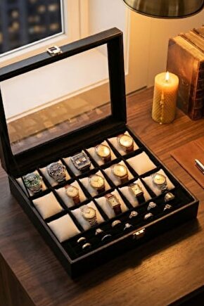 Siyah Deri Saat Kutusu ve Mücevher Organizeri Cam Kapaklı Beyaz Yastık Yüzük Takı Düzenleyici Stand