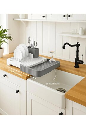 GRİ Sürgülü Bulaşıklık – Ayarlanabilir Paslanmaz Plastik Bulaşık Süzeği ve Kurutmalık