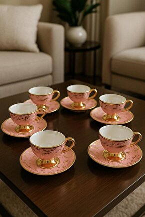 Pembe Gold Desenli Lüks 6’lı Porselen Kahve Fincan Takımı