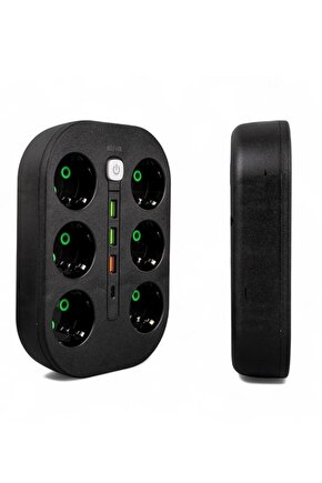 6lı Priz – 1.5 Metre Kablo – 3 USB Girişli Siyah Grup Priz | Akım Korumalı Çoklu Priz