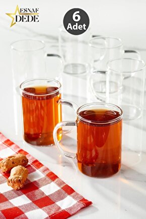 Cam Bardak Kupa Seti Ince Borosilikat Isıya Ateşe Dayanıklı Çay Kahve Bardağı Kulplu Fincan 6 Adet