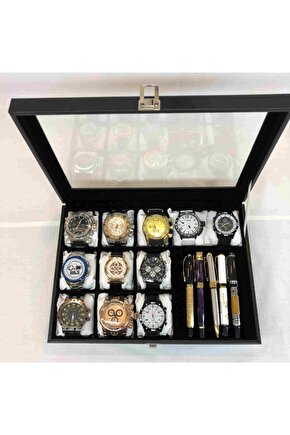 Siyah Deri Kaplı Cam Kapaklı Saat Takı Küpe Kolye Saklamak Için Dekoratif Kutu