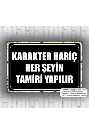 karakter hariç her şeyin tamiri yapılır komik esprili atarlı sözler mdf tablo retro ahşap poster