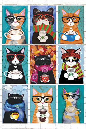 9 Parça Karışık Ahşap Tablo Seti kahve içen kediler ev mutfak kafe dekorasyon ahşap posterler seti