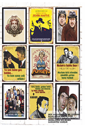 9 Parça Karışık Yazılı Ahşap Tablo Seti türk sineması yeşilçam filmler replikler posterleri