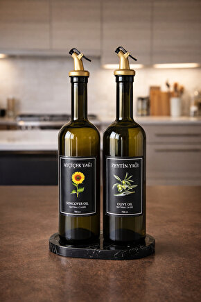 Mermer Desenli Akrilik Standlı 2li Yağ Şişesi 750 ml Zeytinyağ Sıvıyağ Şişesi Şeffaf Cam Yağdanlık