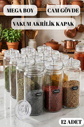 12 Adet Vakum  Kapaklı Büyük Boy Cam Baharatlık Seti 500 ML