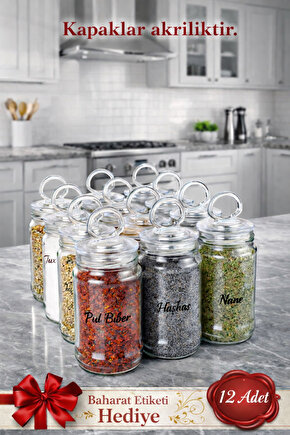12 Adet Vakumlu Halka Kapak Cam Baharat Takımı (ETİKET HEDİYELİ)