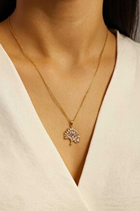 Vip Çelik Gold Renk Zirkon Taşlı Hayat Ağacı Kolye