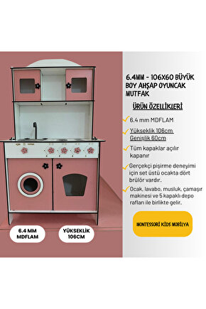 Büyük Boy Ahşap Oyuncak Mutfak Seti, 6.4mm 106x60cm, Montessori Mutfak, Çamaşır Makinalı