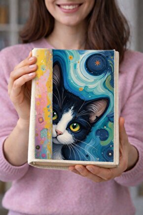 Kedi Desenli Bez Kitap Kılıfı – Sanatsal Baskılı Kumaş Kitap Kabı, Kitap Koruyucu Kılıf