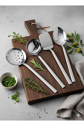 4 Parça Kepçe Kevgir Spatula Servis Kaşığı Seti Paslanmaz Çelik