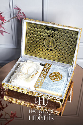 Kadife Kaplı Kutulu Kuranı Kerim | Hediyelik Kuran | Lüks Ahşap Kutu, Kuran, Şal ve İnci Tesbih Seti