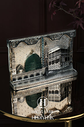 Hac Umre Hediyesi | İslami Dekor | Kabe ve Mescidi Nebevi Gümüş Dekor | İkili Mekke Medine Biblosu