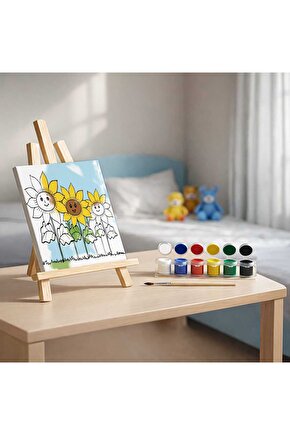 Çocuklar İçin Tuval Boyama Seti Ayçiçeği Bahçesi (Tuval, Fırça ve 6 Renk Akrilik Boya Seti) 20x20 Cm