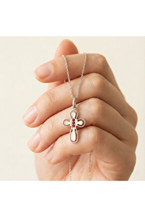 Kırmızı Taşlı Haç Kolye