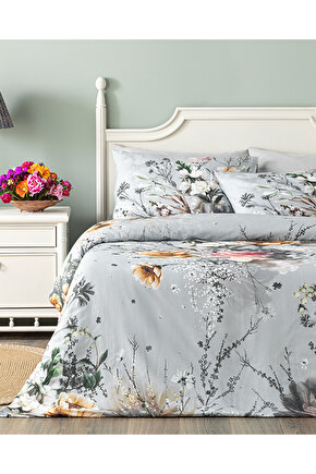 Flower Heaven Dijital Baskılı Soft Cotton Çift Kişilik Çarşaflı Nevresim Takımı Gri