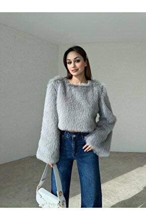 Kadın Kısa Beyaz Yumos Kürk Kazak