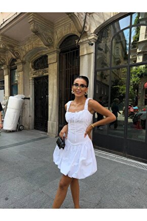Balon Etek Kare Yaka Kalın Askılı Poplin Kumaş Mini Beyaz Elbise