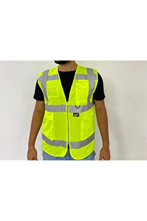 Yüksek Görünümlü Mühedis Yeleği 20 Adet Sarı L Beden Yelek Reflektörlü Fermuarlı Reflektik