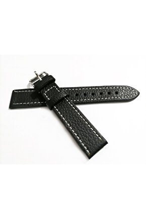 Fado&Her Saate Uyumlu Hakiki Deri Saat Kordonu mat siyah beyaz dikişli 18 mm (314 2)