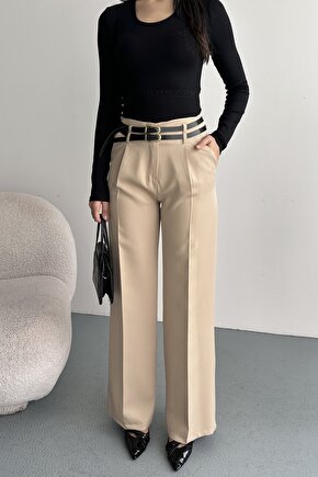 Kadın Palazzo Pantolon Kemerli | Yüksek Bel Bol Paça Günlük Çift Kemerli Tasarım
