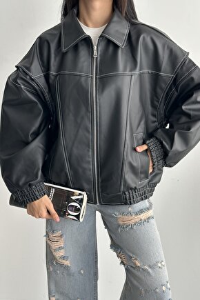 Kadın Vintage Oversize Siyah Deri Ceket - Bomber Kontrast Detaylı Biker Mont