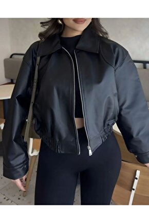 Unisex Deri Bomber Kolej Ceket