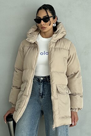 Kapüşonlu Oversize Kadın Şişme Mont - 4 Cep Detaylı, Bej