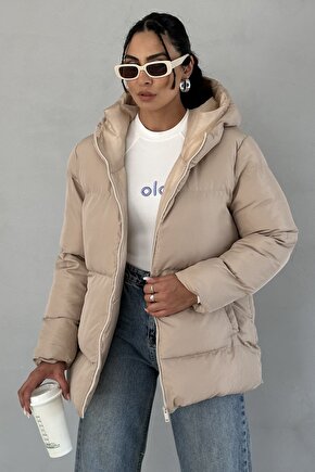 Kadın Bej Kapüşonlu Şişme Mont